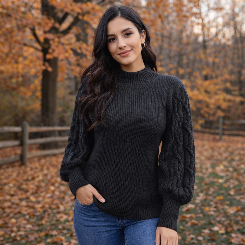 Cable Stitch Charcoal Gray Cable Knit Sweater Puff Sleeve Mock Neck Cozy Fall /S